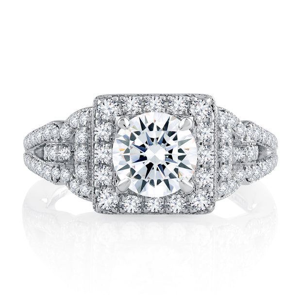 Vintage Inspired Split Shank Halo Round Cut Diamond Engagement Ring