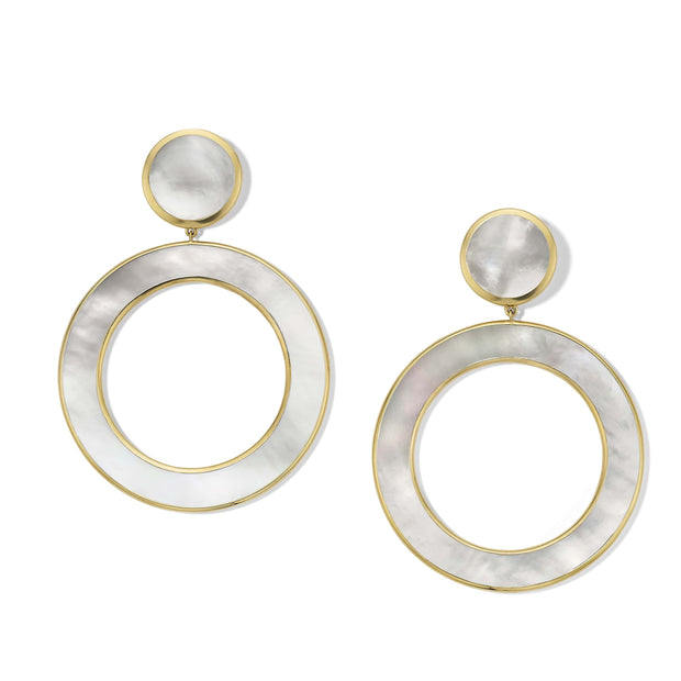 18K Polished Rock Candy Stone Dot and Open Circle Slice Earrings in Mother-of-Pearl