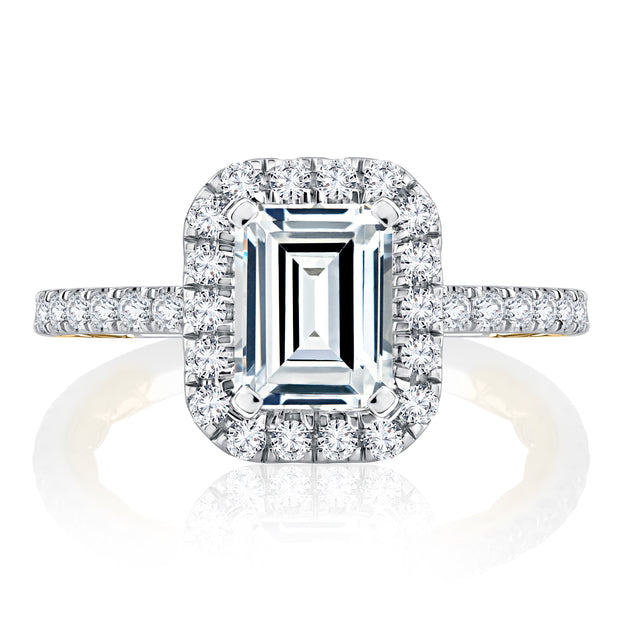 Classic Two Tone Halo Emerald Cut Diamond Engagement Ring