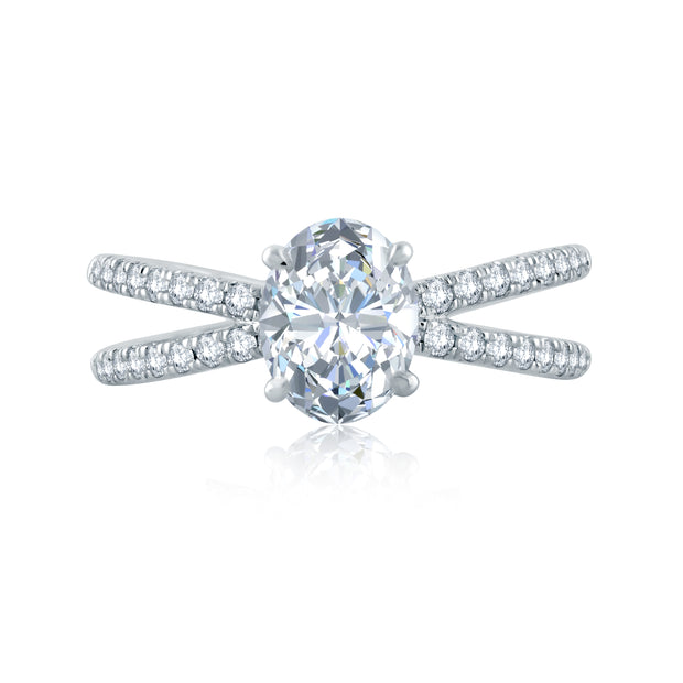 French Pave Delicate Criss Cross Shank Oval Solitaire Engagement Ring